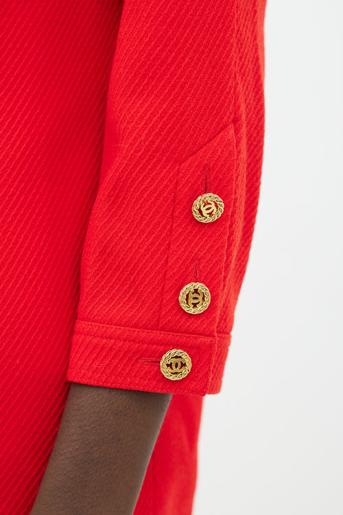 Chanel 90s Red 
Gold-Tone Button Wool Dress