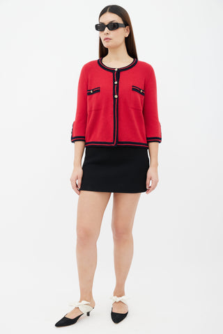 Chanel Red 
Navy Cashmere Gold-Tone Button Cardigan