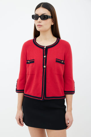 Chanel Red 
Navy Cashmere Gold-Tone Button Cardigan