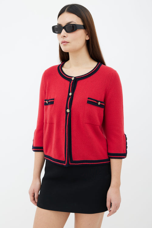 Chanel Red 
Navy Cashmere Gold-Tone Button Cardigan