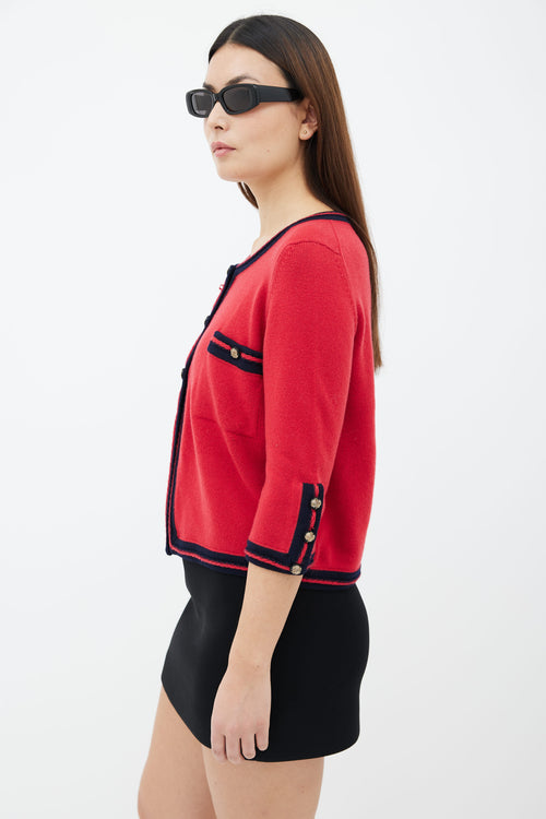 Chanel Red 
Navy Cashmere Gold-Tone Button Cardigan