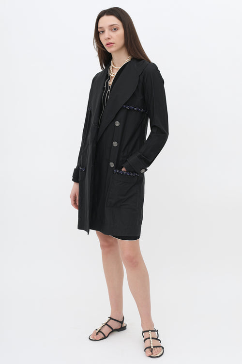 Black Double-Breasted Trim Rain Coat