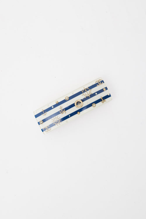 Chanel White, Blue 
Gold 2010 Cruise Striped Nautical Hair Barrette