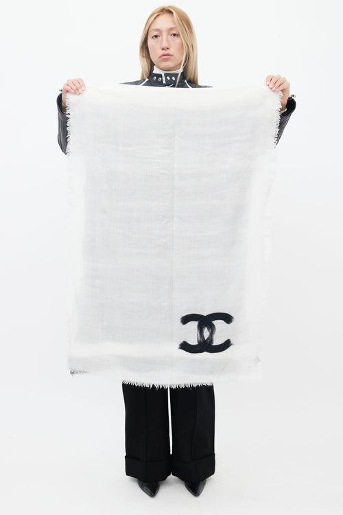 Chanel White 
Black Brush Stroke Stripe Knit Scarf