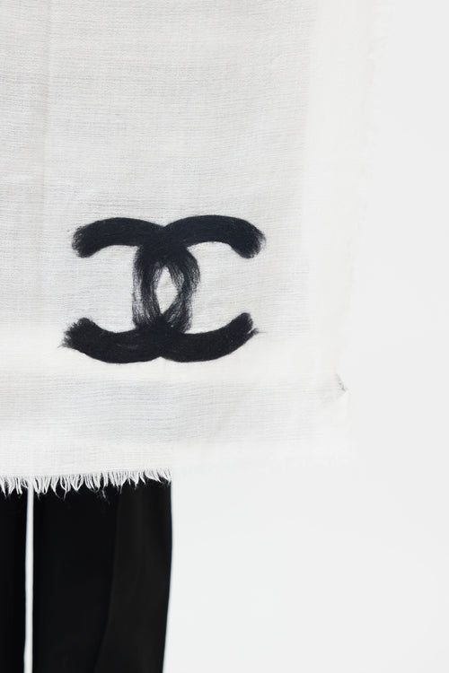 Chanel White 
Black Brush Stroke Stripe Knit Scarf