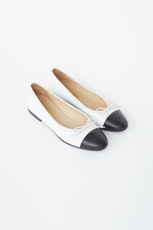 Chanel White 
Black Leather Toe Cap Ballet Flat