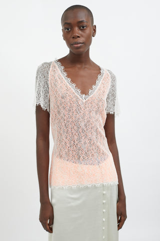 Chanel White 
Orange Lace V-Neck Top