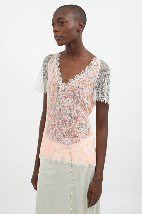 Chanel White 
Orange Lace V-Neck Top