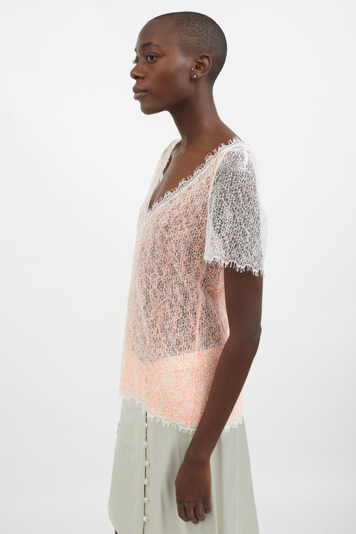 Chanel White 
Orange Lace V-Neck Top