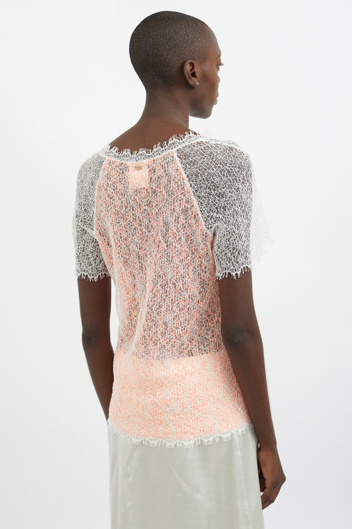 Chanel White 
Orange Lace V-Neck Top