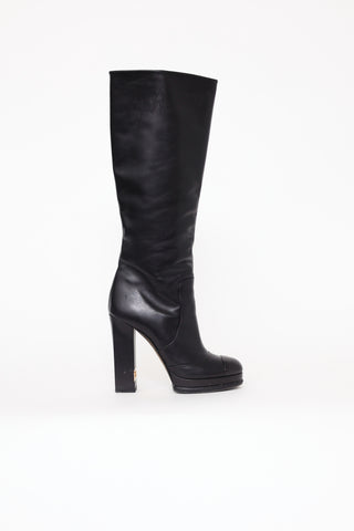 Chanel Black Leather Mid-Thigh Boots