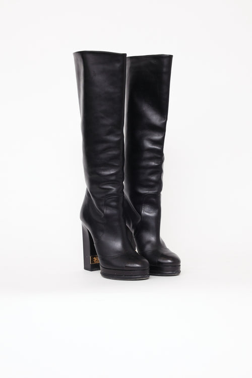 Chanel Black Leather Mid-Thigh Boots