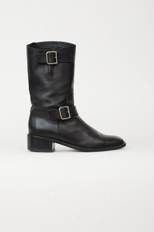 Chanel Black Leather Silver-Tone Buckle 
Asymmetric Zipper Boot