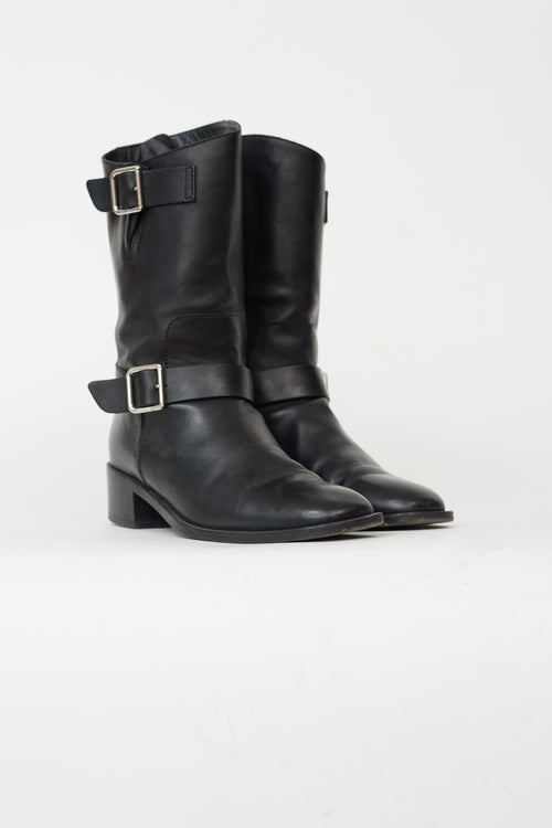 Chanel Black Leather Silver-Tone Buckle 
Asymmetric Zipper Boot