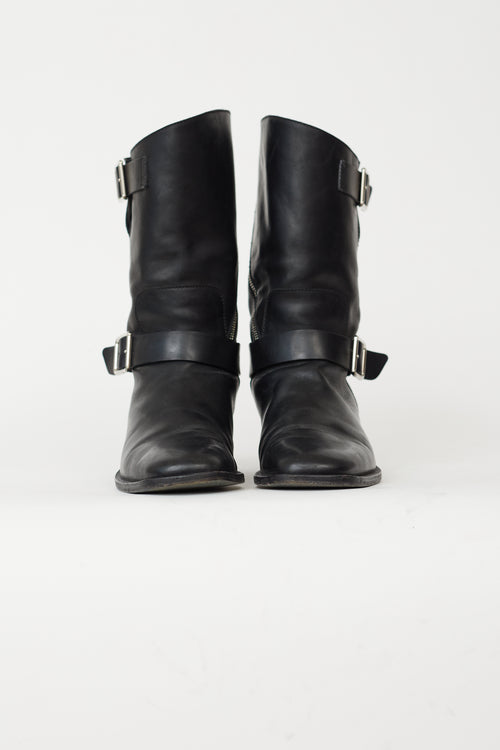 Chanel Black Leather Silver-Tone Buckle 
Asymmetric Zipper Boot