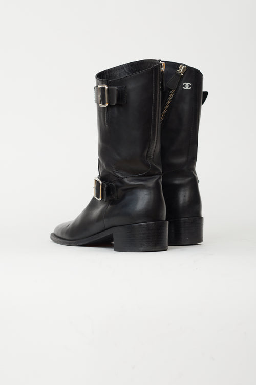 Chanel Black Leather Silver-Tone Buckle 
Asymmetric Zipper Boot