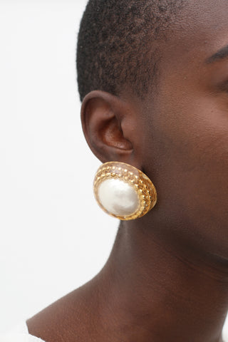 Chanel Gold-Toned Pearl Lucite Dome Earring