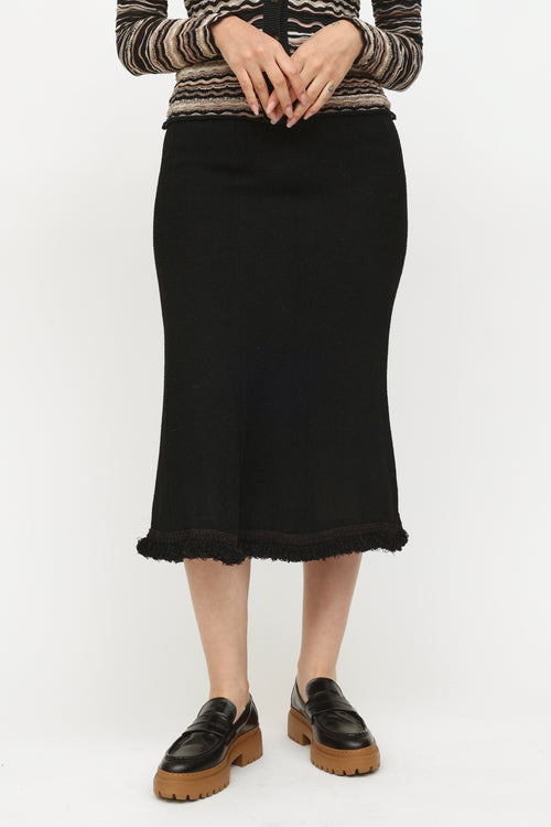 Chanel 2003 Black Wool Midi Fringe Skirt