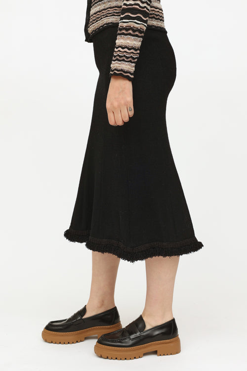 Chanel 2003 Black Wool Midi Fringe Skirt