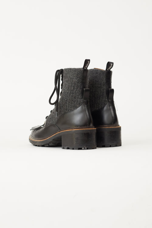 Chloé Black Leather 
Dark Grey Franne Sock Ankle Boot