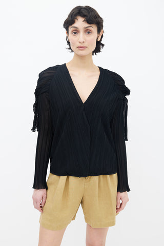 Chloé Black Pleated V-Neck Long Sleeve Blouse