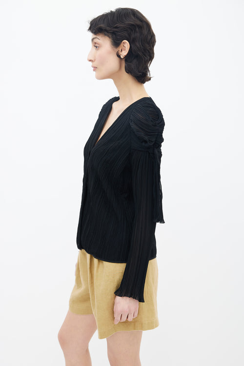 Chloé Black Pleated V-Neck Long Sleeve Blouse