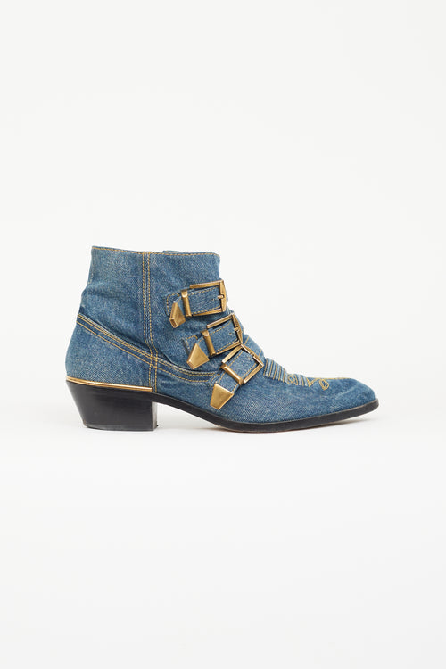 Chloé Blue Susanna Buckle Denim Ankle Boot