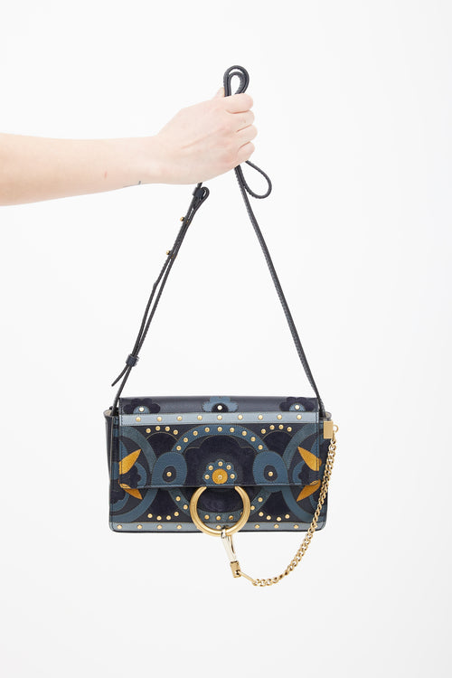 Chloé Pre-Fall 2017 Black 
Blue Floral Patchwork Faye Shoulder Bag