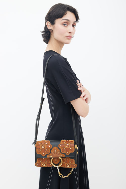 Chloé Pre-Fall 2017 Black 
Brown Floral Patchwork Faye Shoulder Bag