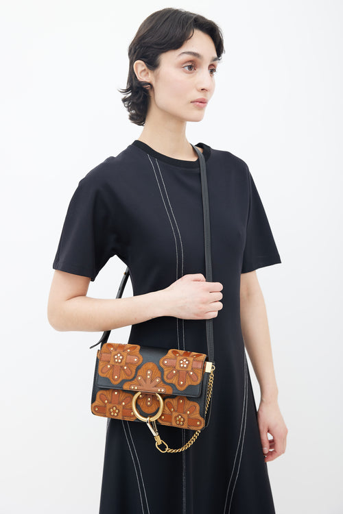 Chloé Pre-Fall 2017 Black 
Brown Floral Patchwork Faye Shoulder Bag