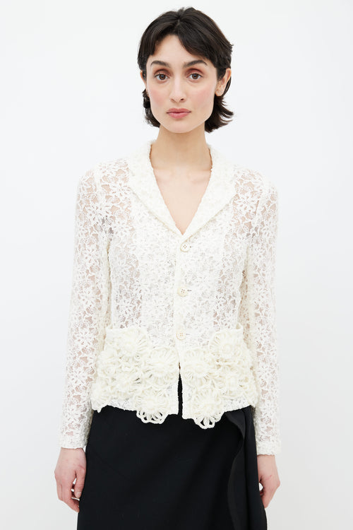 Comme des Garçons Cream Lace Floral Knit Blazer