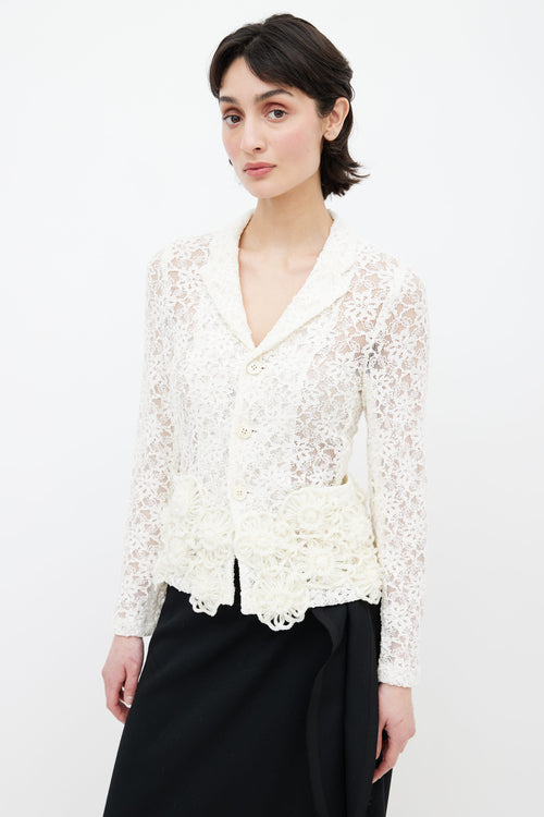 Comme des Garçons Cream Lace Floral Knit Blazer