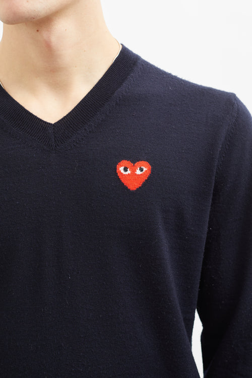 Comme des Garçons Navy Wool Red Heart Sweater