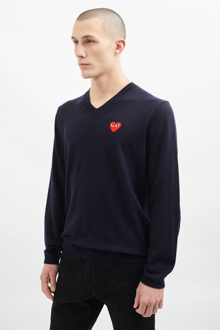 Comme des Garçons Navy Wool Red Heart Sweater