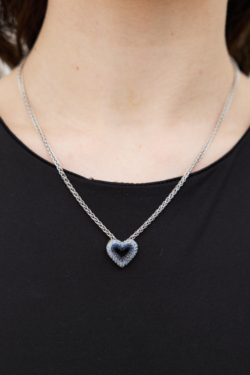 Sterling Silver 
Blue Rhinestone Heart Charm Chain Link  Necklace