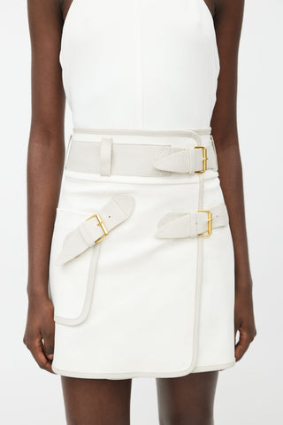 Derek Lam White 
Grey Leather Belted Mini Skirt