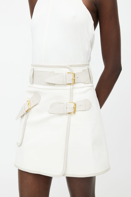 Derek Lam White 
Grey Leather Belted Mini Skirt