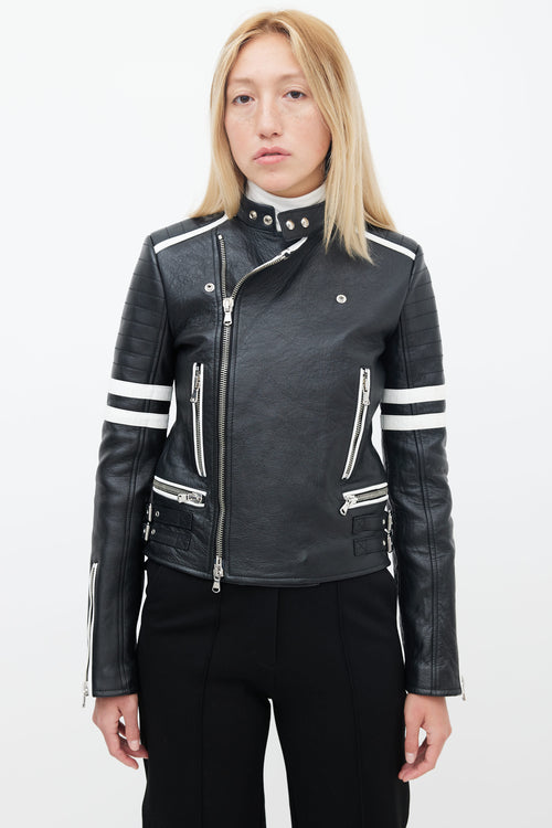 Diesel Black 
White Leather Moto Jacket