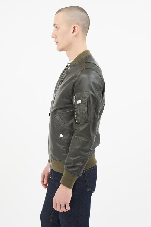 Diesel Green Leather Padded Bomber Jacket