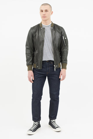 Diesel Green Leather Padded Bomber Jacket