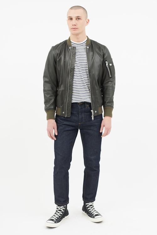 Diesel Green Leather Padded Bomber Jacket