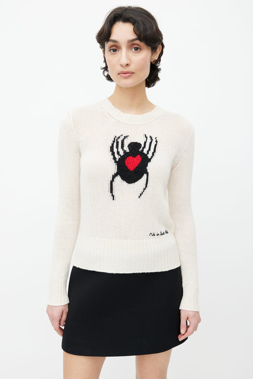 Dior Cream Cashmere Red Heart Knit Sweater