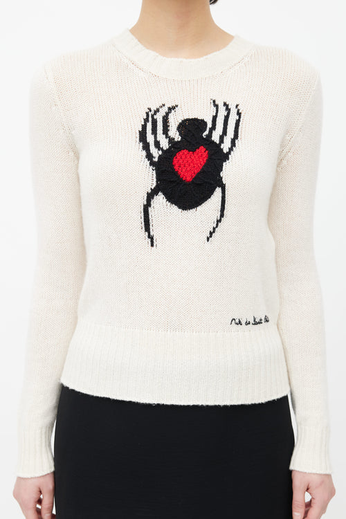 Dior Cream Cashmere Red Heart Knit Sweater