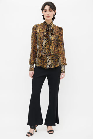 Dolce 
Gabbana Brown Printed Neck Tie Silk Blouse