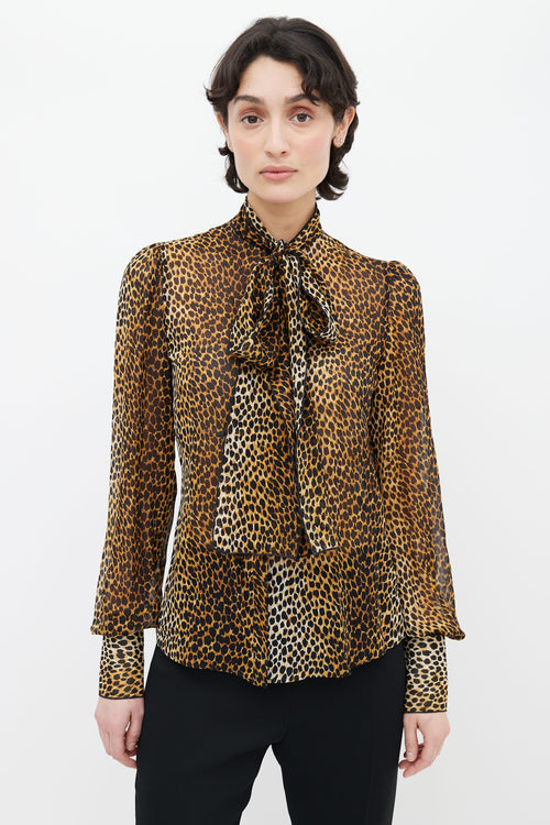 Dolce 
Gabbana Brown Printed Neck Tie Silk Blouse