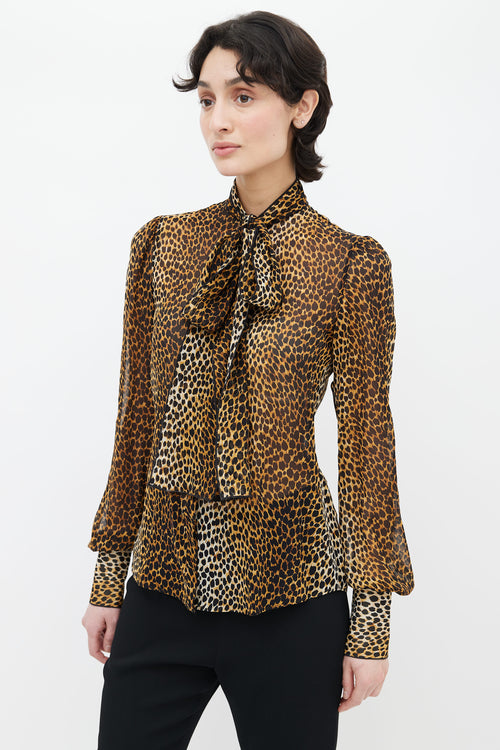 Dolce 
Gabbana Brown Printed Neck Tie Silk Blouse