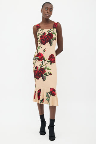 Dolce 
Gabbana Beige 
Red Rose Print Strap Dress