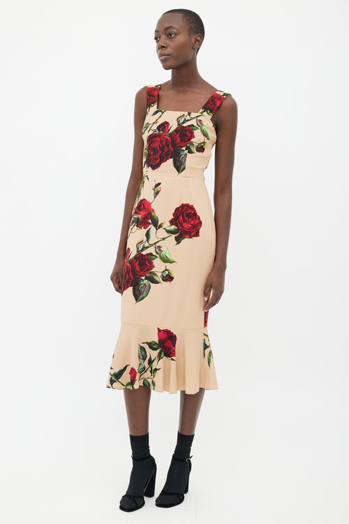 Dolce 
Gabbana Beige 
Red Rose Print Strap Dress