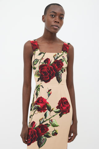 Dolce 
Gabbana Beige 
Red Rose Print Strap Dress