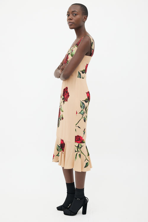 Dolce 
Gabbana Beige 
Red Rose Print Strap Dress